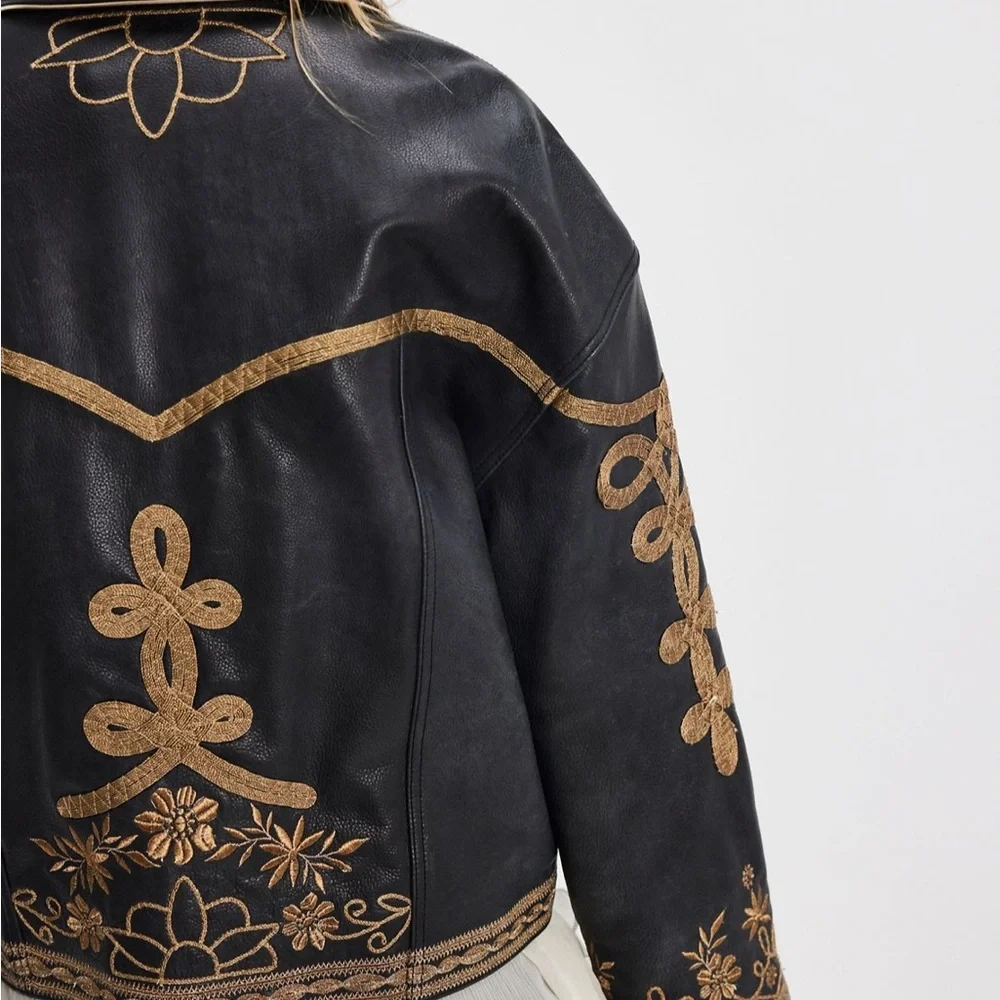 Sold Out We The Free People Lana Black and Gold Leather Jacket Embroidery XS - Picture 4 of 7